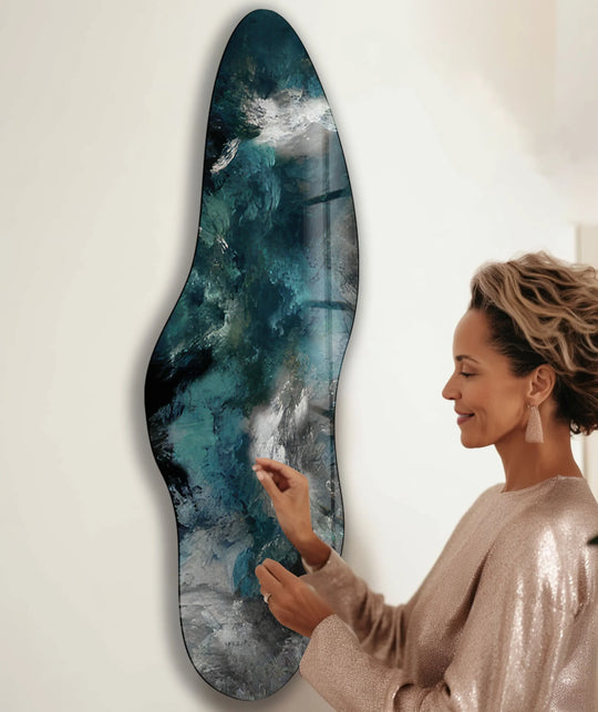 Reflecting the quality of print wall art, this abstract glass piece showcases vibrant colors and a unique asymmetrical design.
