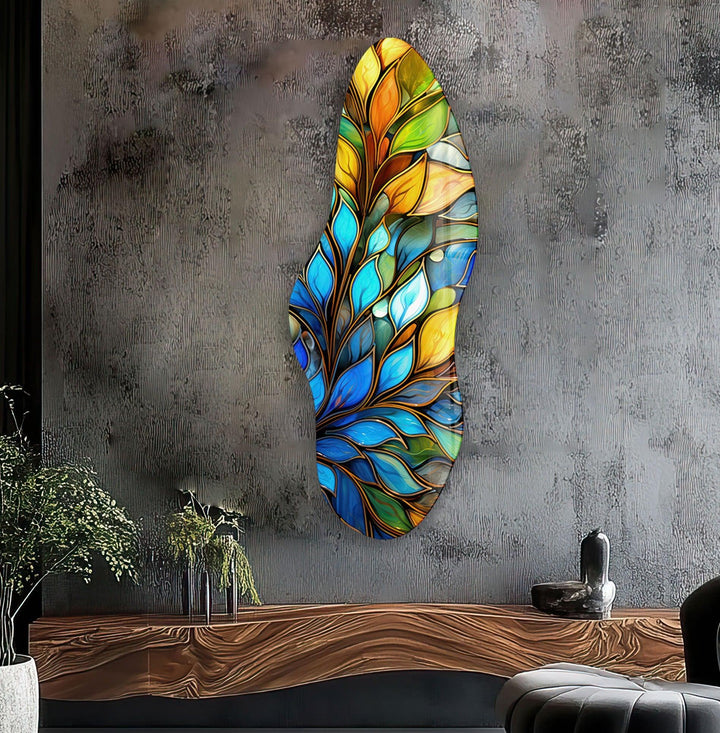 Irregular Asymmetrical Blue Botanical Glass Wall Art large glass photo prints, glass wall photos
