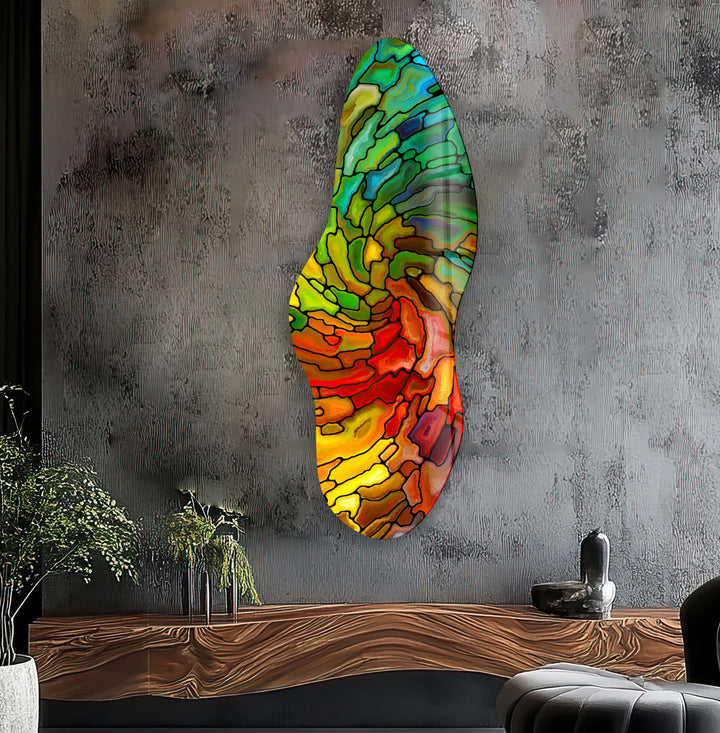 Green & Red Stained Asymmetrical Glass Wall Art, glass art painting, glass art for the Wall
