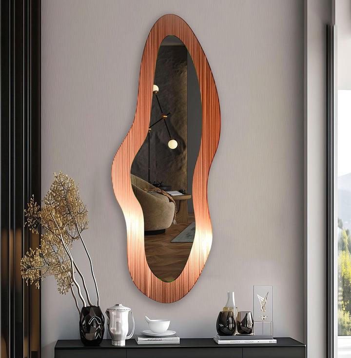 Moderner orangefarbener asymmetrischer Wandspiegel aus Glas