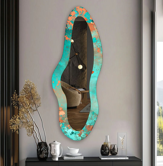 Asymmetrical geometric shapes define the eclectic design of this green full length wall mirror, a bold piece of stained glass wall mirror for distinctive home decor.