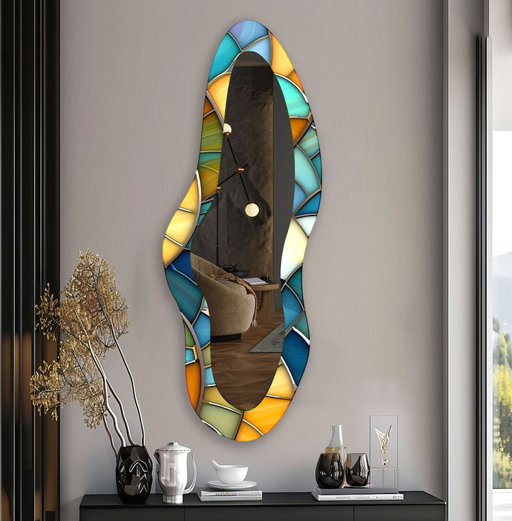 Langer Wandspiegel aus Buntglas in Grün und Gelb