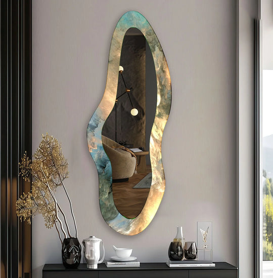 Asymmetric yellow and blue abstract long bathroom framed wall mirror reflects a stylish interior, adding depth and artistic flair to the scene.