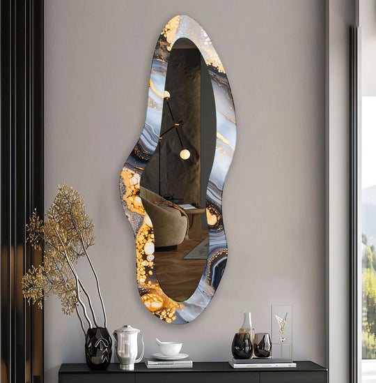 Asymmetric mirror featuring golden and blue abstract patterns on tempered glass a luxurious full body mirror with modern elegance