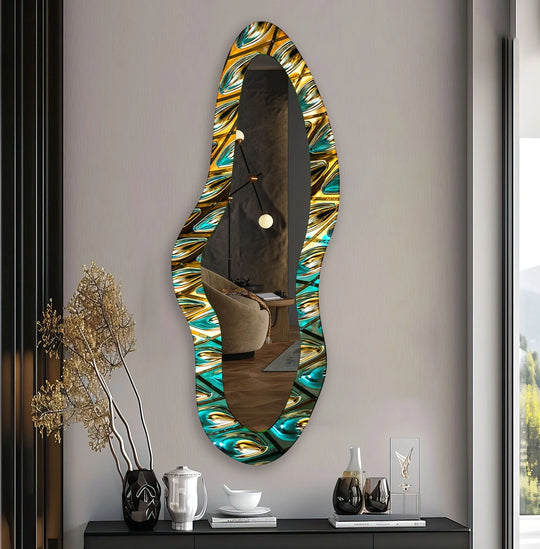 Featuring a rippled surface texture, this framed wall mirror presents an artistic border with flowing hues and a dynamic, organic pattern.