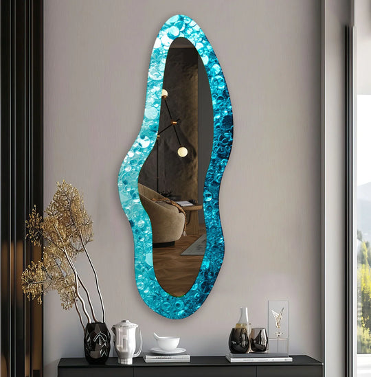 Vibrant blue bubble-patterned frame makes this Blue Irregular Shape Glass Wall Mirror a loud and unique decorative mirror for any modern home.