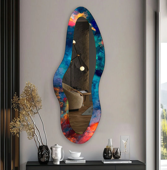 Blue Abstract Modern Asymmetric Mirror showcasing a unique design in swirling blues oranges and reds provides contemporary wall decor