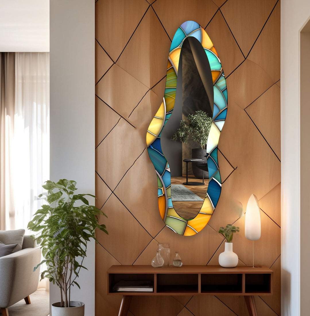 Langer Wandspiegel aus Buntglas in Grün und Gelb