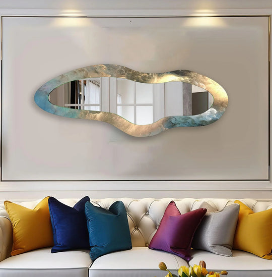 The realistic detail in this yellow and blue abstract long bathroom decorative mirror showcases a captivating blend of colors and forms, enhancing the space.