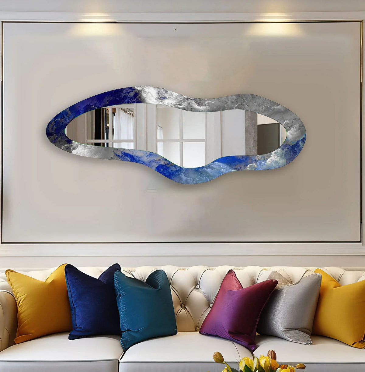Irregular glass wall mirror with a swirling surface texture reminiscent of stained glass wall mirror details, framed by swirling blues and whites.