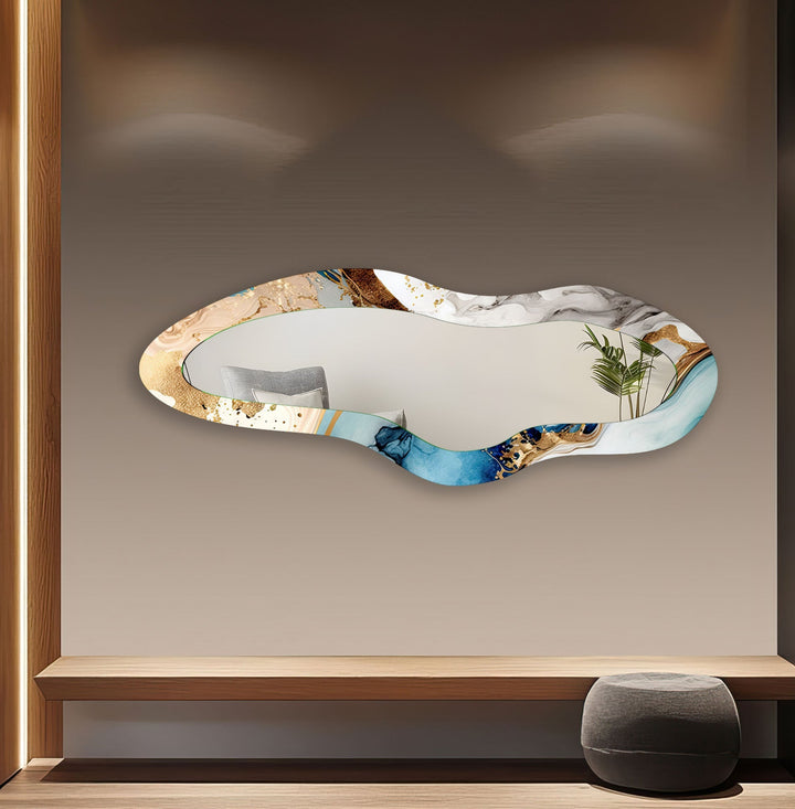 Decorative wall mirror blending artistic patterns with modern functionality for a unique look
