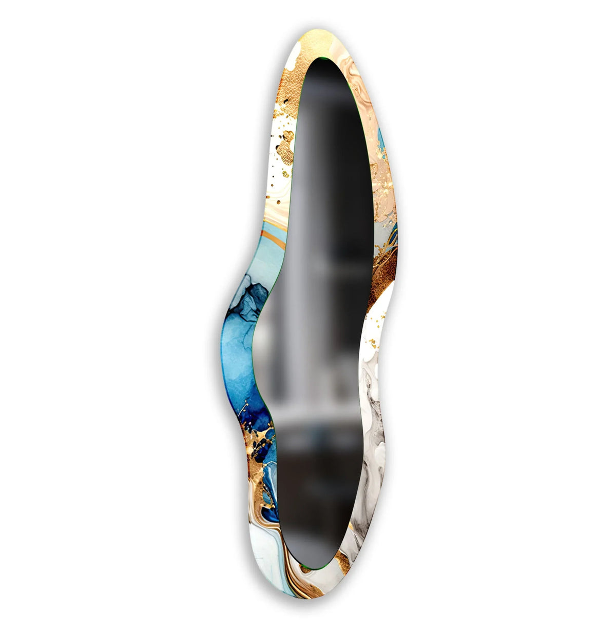 Dramatic color contrast defines this blue decorative irregular long wall mirror for wall decor, showcasing a blend of vibrant azure and gleaming gold tones.