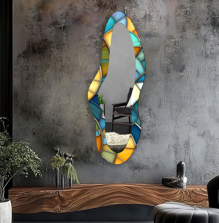 Langer Wandspiegel aus Buntglas in Grün und Gelb