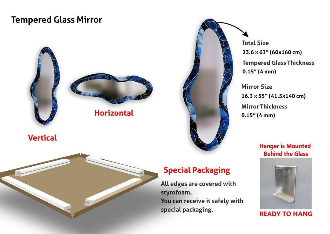 Marineblauer, asymmetrischer, übergroßer Wandspiegel aus Glas