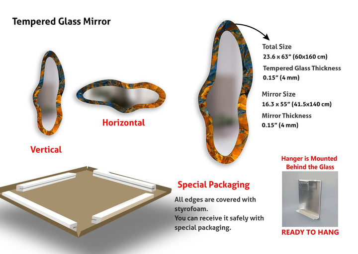 Orangefarbener moderner dekorativer Wandspiegel aus Glas