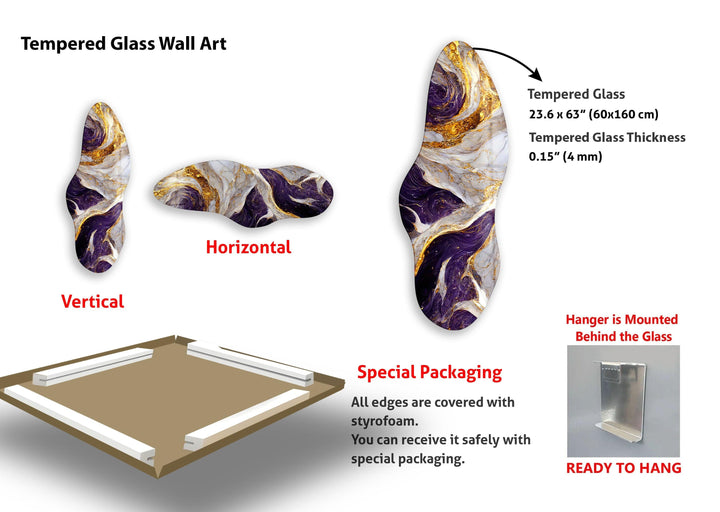 Unregelmäßige asymmetrische Wandkunst aus lila und goldenem Glas