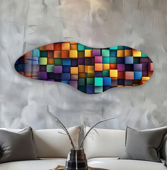 Pop art colorful abstract glass wall art featuring a vibrant mosaic of cubes creates a dynamic focal point.