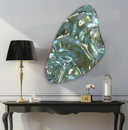 Iridescent metallic green abstract glass wall art showcases a mesmerizing layering effect with swirling, liquid-like textures, embodying stunning decorative wall art.