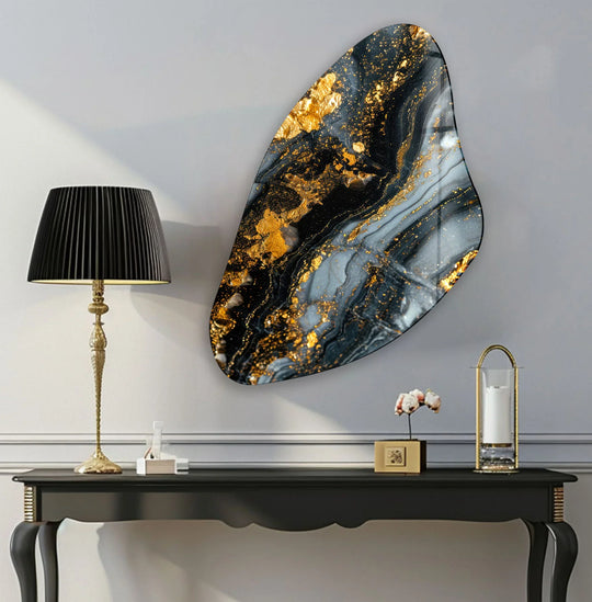 Abstract gold and grey alcohol ink on glass wall art art from glass showcases a stunning layering effect.