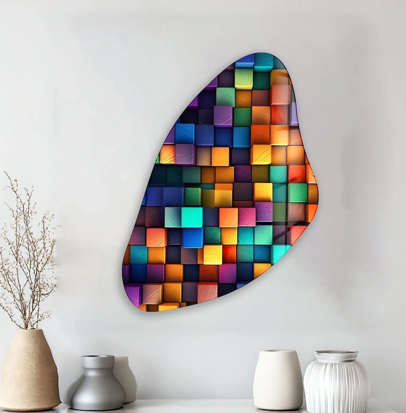This print wall art showcases a captivating layering effect with abstract colorful blocks that create depth and dimension.