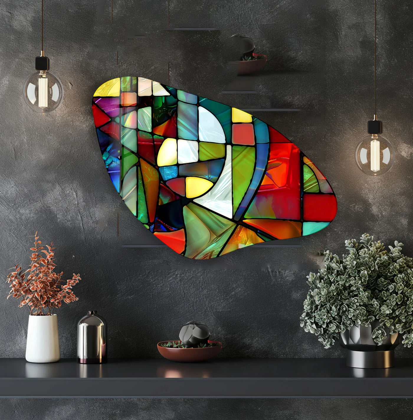 Featuring a vibrant, mosaic-like finish, this red and green stained irregular art showcases the lustrous appeal of tempered glass wall art.