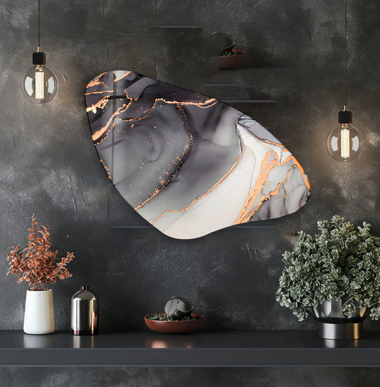 Dark, grey alcohol ink aesthetic glass wall art features striking contrast with bright white and copper accents, making it best glass art.