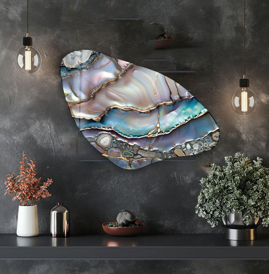 Iridescent purple pearl glossy irregular glass wall art prints shimmer with bold blues and golden veins.