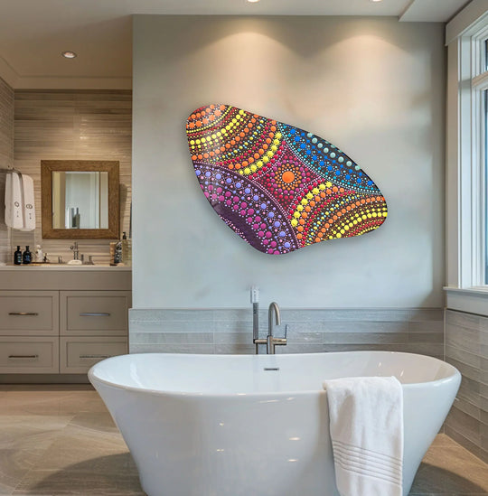 Vibrant purple mosaic print wall art features an irregular abstract glass design with a mosaic dot pattern in vivid colors.