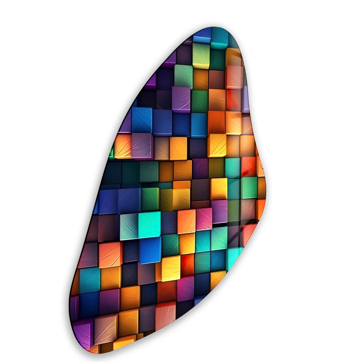A dynamic, organic composition of colorful abstract blocks, this glass art evokes a sense of vibrant, sculpted form.