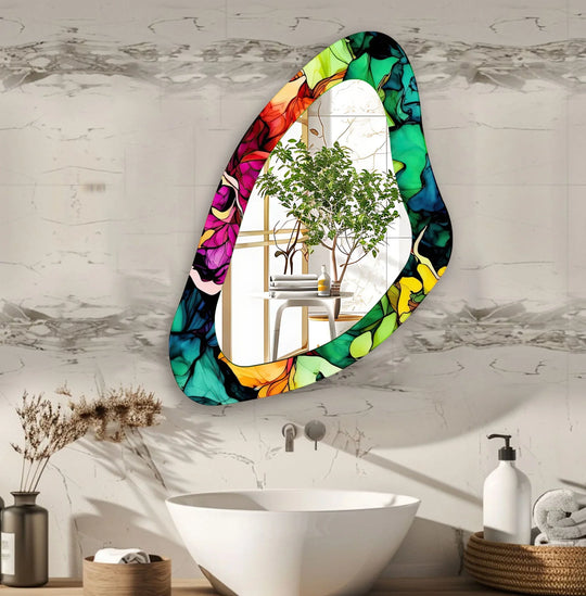 Layering effect created by the reflected image within the colorful asymmetrical wall bathroom mirror adds depth and dimension to the piece.