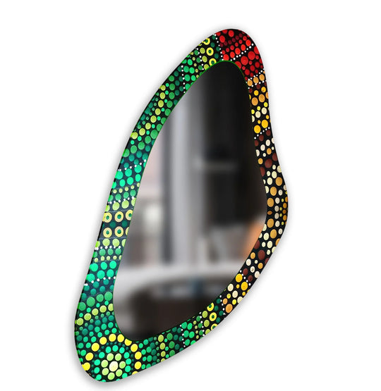 The green mosaic aesthetic glass wall mirror serves as a captivating central subject, reflecting a blend of artistic design and the functionality of modern wall mirrors.