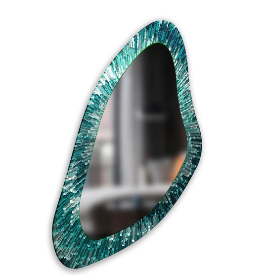 Serene and stylish, this modern green line asymmetrical wall mirror evokes a tranquil mood with its fresh, home decor-enhancing design.