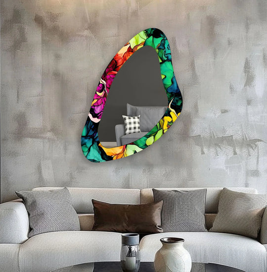 Featuring a stained glass wall mirror, the asymmetrical design showcases a vibrant watercolor finish, enhancing this colorful wall mirror for elegant home decoration.
