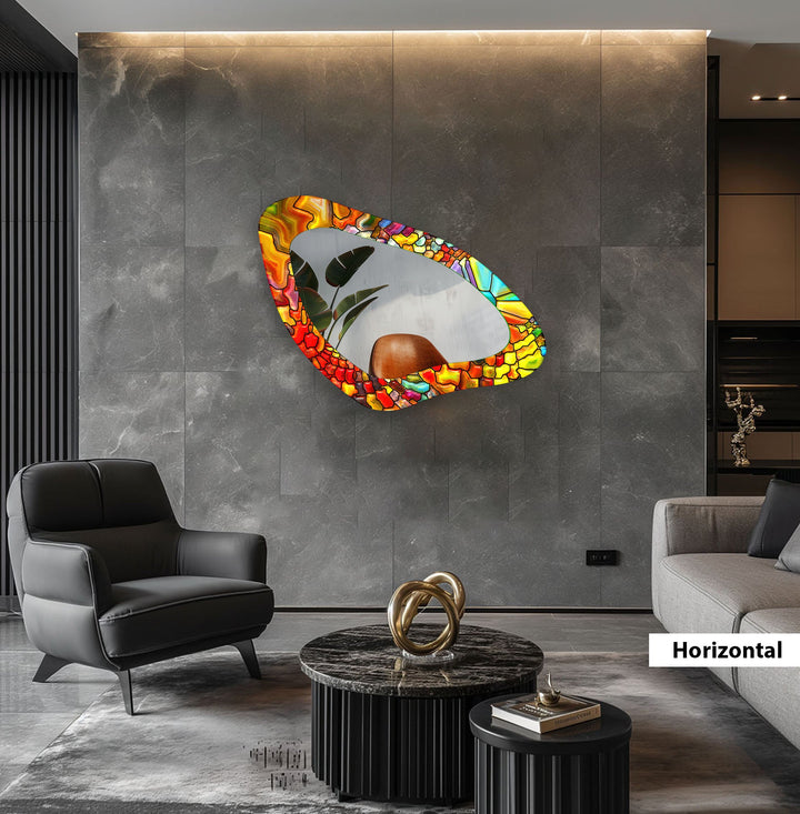 Mirror wall art with abstract shapes and reflective surfaces for a modern artistic vibe
