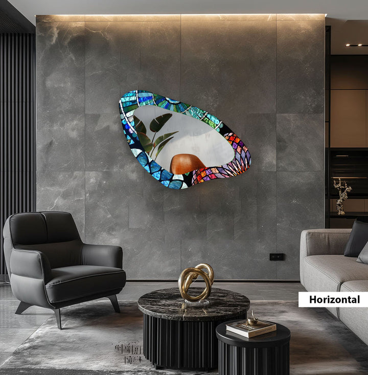 Mirror wall decor combining bold shapes and reflective surfaces to create a striking focal point
