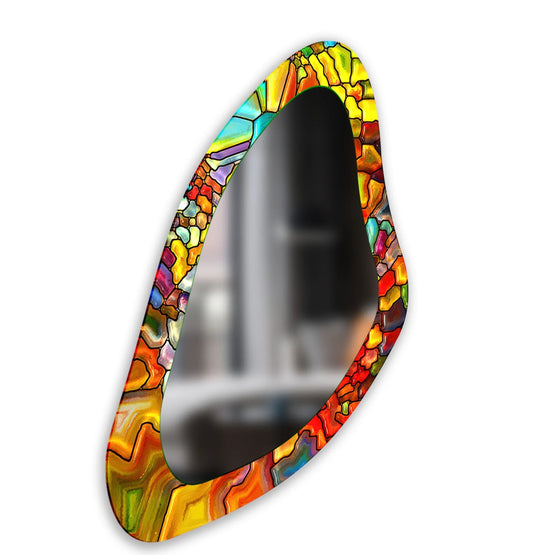 The stillness emanates from this orange stained asymmetrical wall mirror, as the framed wall mirror design seems to hold a moment of colorful contemplation.