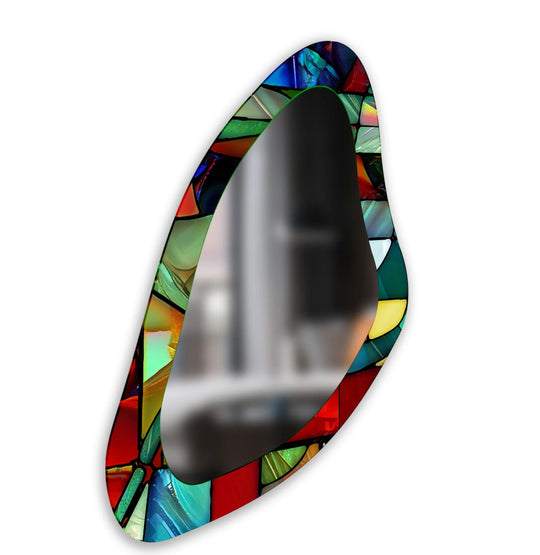 Balancing warm and cool tones, this red stained large aesthetic wall mirror for wall decor features a vibrant mix of hues, creating a visually dynamic piece.