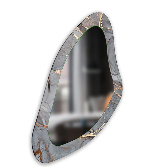 Grey abstract large glass wall mirror with an asymmetric shape and elegant gold metallic veins