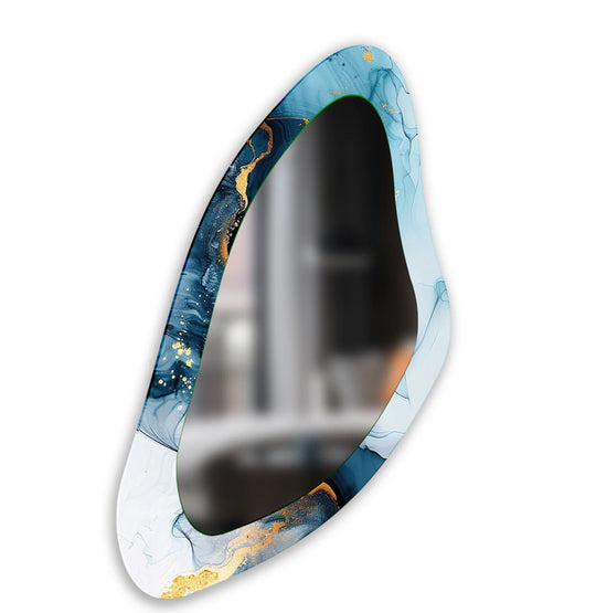 The central subject is this irregular decorative wall mirror featuring a light blue watercolor design, enhancing its stained glass wall mirror aesthetic.