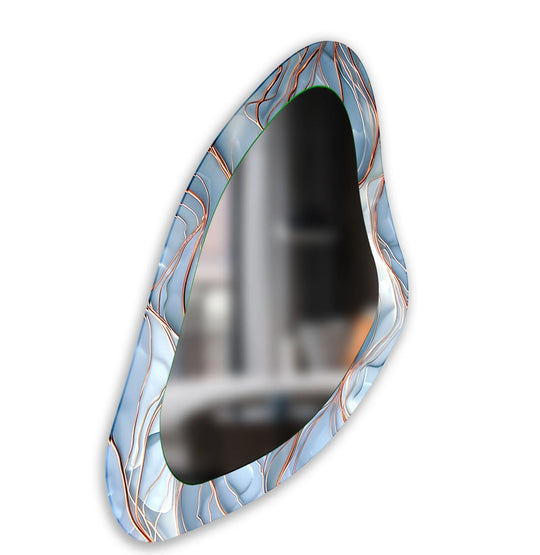 Light blue abstract asymmetric mirror with irregular wavy patterns copper accents and vertical orientation on a white wall