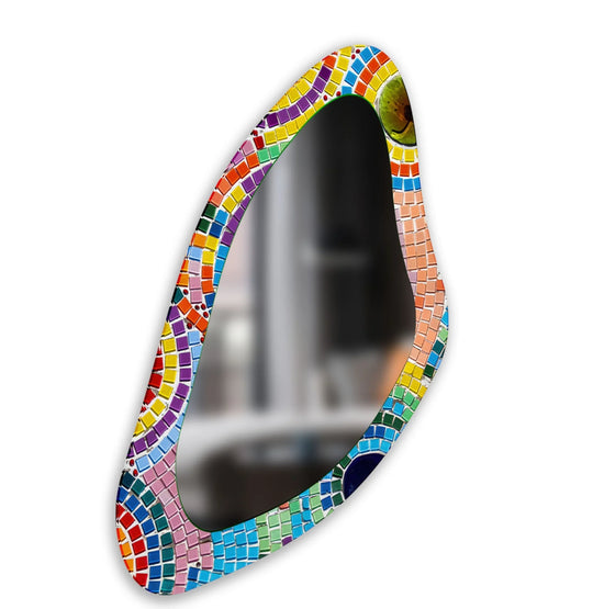 Finely detailed mosaic tiles realistically accentuate the frame of this pink accent entryway large wall mirror, creating a dazzling piece of modern mirror home decor.