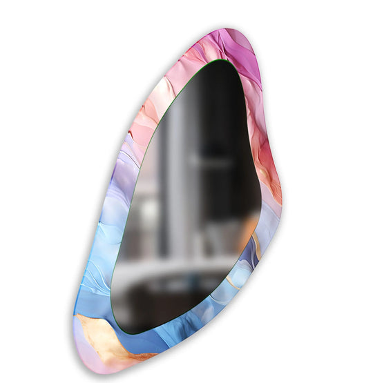 Calm mood is evoked by this modern asymmetrical large wall mirror featuring pastel hues and a unique stained glass wall mirror design.