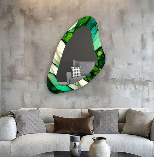 Featuring a vibrant, stained finish, this large, irregular green framed wall mirror adds an artistic touch, reflecting both style and light in any living space.