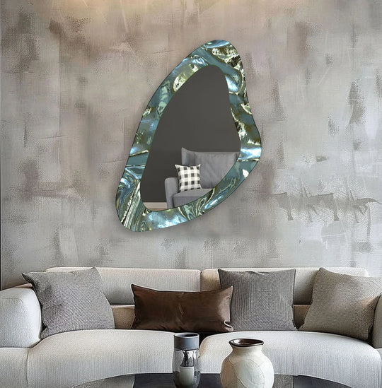 The swirling pattern of this green decorative wall mirror gives a sense of movement, enhancing the room with stylish fluidity like tempered glass wall art.