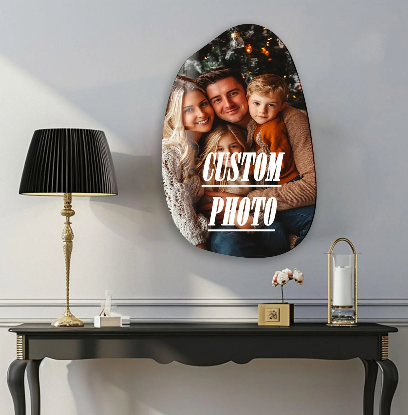 Reflecting an abstract quality, the custom natural stone shape art features a unique print on glass photo displaying a family portrait with an organic, asymmetrical form.