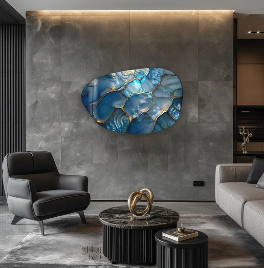 Pearl glossy aesthetic glass art featuring soft, iridescent blue and gold veining, mimicking natural textures.