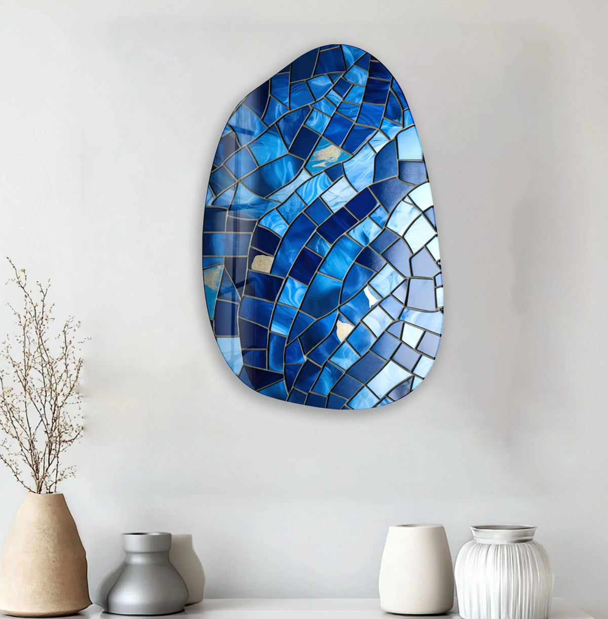 Inviting a calming mood, the blue ceramic tiles irregular glass wall art showcases the mesmerizing glass printing technique, transforming the space with stylish mosaic decor.