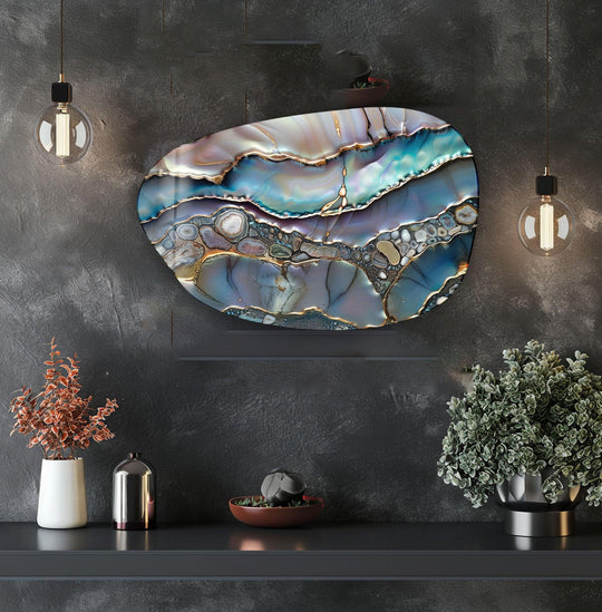 Close-up of a swirling purple pearl glossy aesthetic glass wall artwork with golden veins.