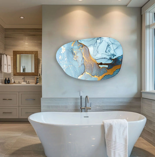 Irregular tempered glass print wall art showcases vibrant alcohol ink stains with rich gold accents and smooth, durable finishes.