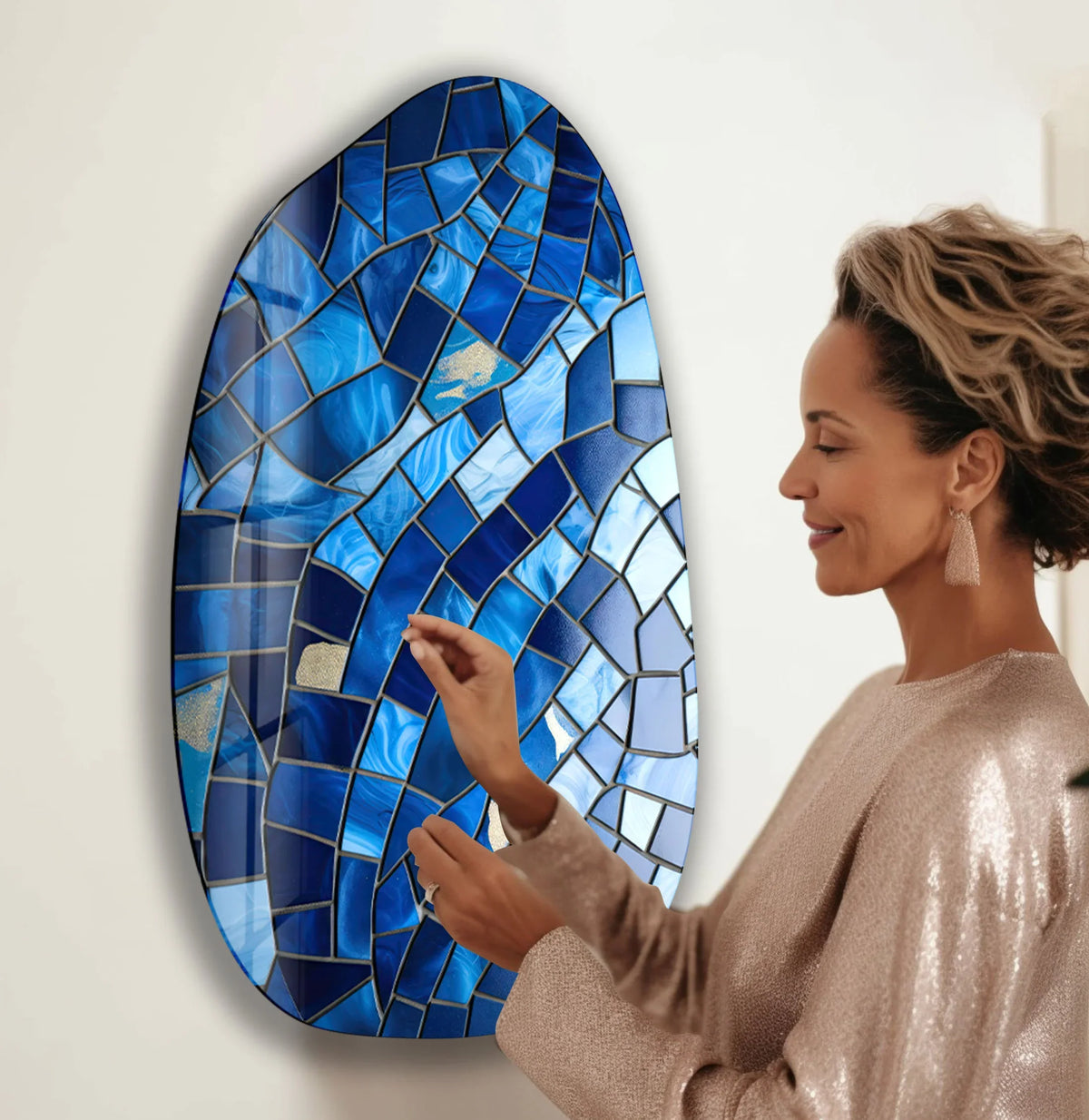 Alternating azure and navy ceramic tiles create a captivating visual rhythm in this irregular glass wall artwork, a striking piece of mosaic stained glass art.
